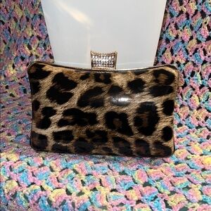 Leopard Print Patent Clutch Bag with Rhinestone Kiss-Lock